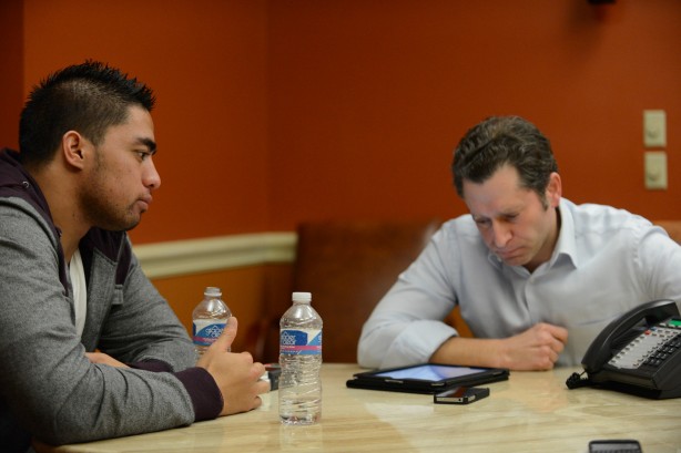ESPN's Jeremy Schaap and Manti Te'o during Friday night's interview. (Photo by Ryan Jones / ESPN Images)