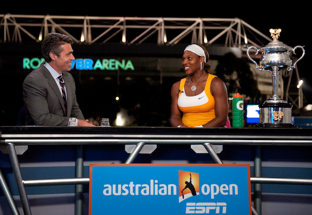 Chris Fowler (L) interviews Serena Williams after she won the 2010 Women's Australian Open. (Ben Soloman/ESPN Images)