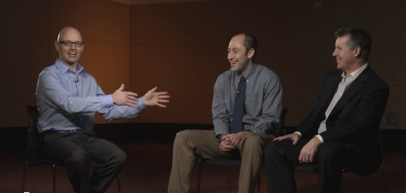 ESPN's Henry Abbott interviews U.C. San Diego economist Matt Goldman (C) and Microsoft's Justin Rao (R) at the 2013 MIT Sloan Sports Analytics Conference. (ESPN)