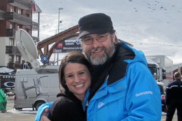 Production coordinator Anne Miller and Norman Whitehurst, Coordinating Producer, ESPN International, at X Games in Tignes, France. (Photo courtesy of Norman Whitehurst)