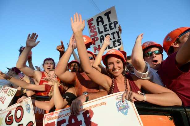 Bobby Bowden Field at Doak Campbell Stadium: Fans holding signs on the set of ESPN College GameDay built by The Home Depot (Credit: Allen Kee / ESPN Images)
