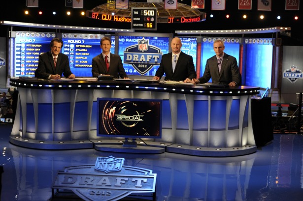 ESPN NFL Draft coverage team includes (L-R) Mel Kiper, Jr., Todd McShay, Trent Dilfer and Trey Wingo. (Allen Kee/ESPN Images)