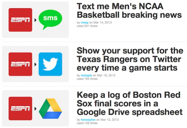 Examples of IFTTT recipes for sports fans using ESPN alerts and social media