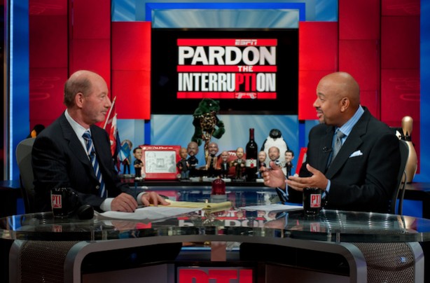 The Pardon the Interruption set with Tony Kornheiser (L) and Michael Wilbon. (Randy Sage/ESPN Images)