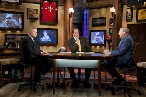 (L-R) Mike Ditka with host Chris Berman and Jerry Kramer on the set of the Lombardi's Legacy. (Chrissy Racho / ESPN Images)