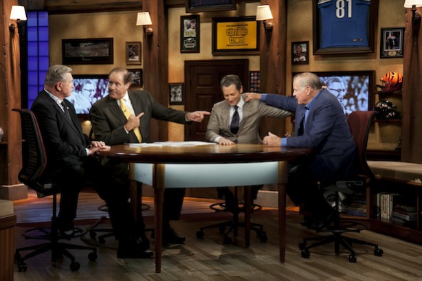 (L-R) Mike Ditka with host Chris Berman, Jeremy Schaap and Jerry Kramer on the set of the Lombardi's Legacy. (Chrissy Racho / ESPN Images)