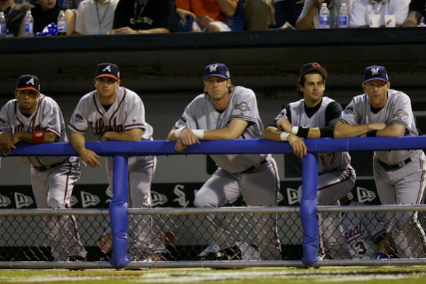 (L-R) National League players Rafael Furcal, Javy Lopez, Richie Sexson, Aaron Boone and Geoff Jenkins during the 2003 All-Star Game. (Photo credit: Matthew Stockman / Getty Images)