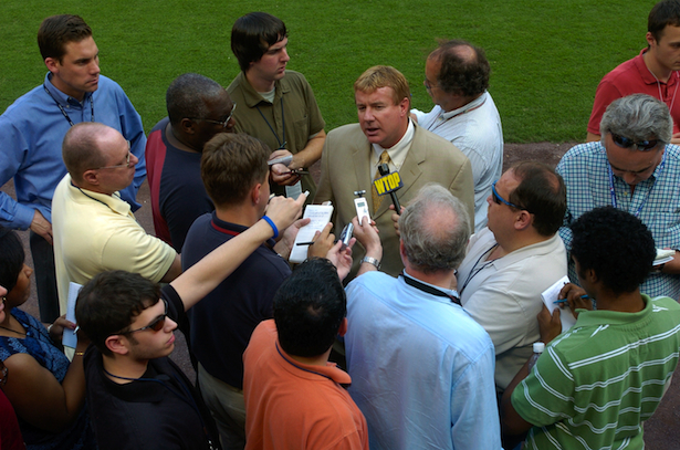 Then GM of the Washington Nationals, current ESPN Insider Jim  Bowden talks to the media after the MLB trade deadline on July 31, 2007 in  Washington, DC. (Photo by Greg Fiume/Getty Images) 