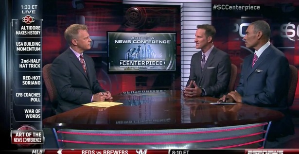 Anchor David Lloyd (l) and ESPN football analysts Danny Kanell (center) and Herm Edwards tackled a SportsCenter Centerpiece topic recently. (ESPN)