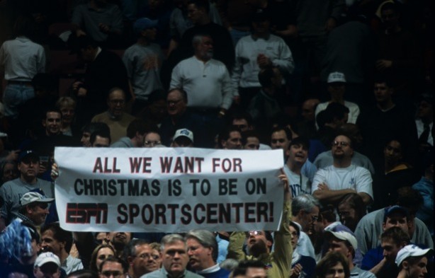 East Rutherford, NJ - December 18, 2001 - Continental Arena: Fan holding up a SportsCenter Sign during the 2001 Jimmy V Classic (Photo by Scott Clarke / ESPN Images)