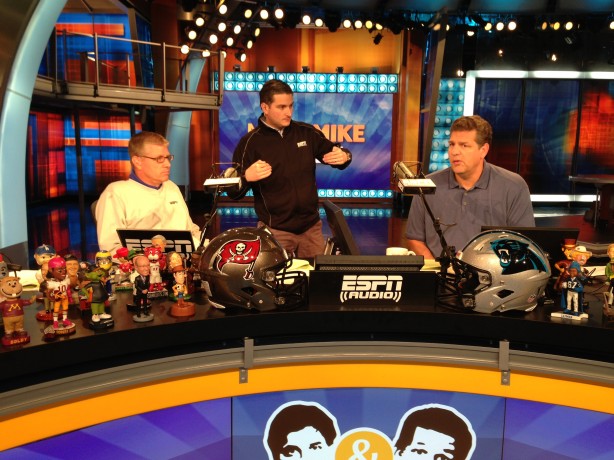 John Anderson, producer Liam Chapman and Mike Golic on set this morning. (Photo by Mike Urrunaga)