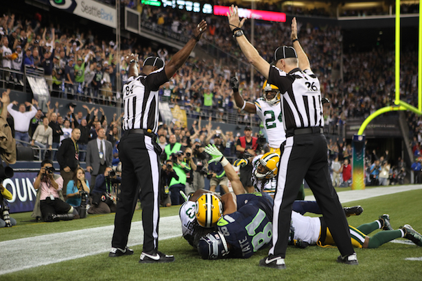 Wide receiver Golden Tate #81 of the Seattle Seahawks makes a catch in the end zone to defeat the Green Bay Packers on a controversial call by the officials at CenturyLink Field on September 24, 2012 in Seattle, Washington. (Otto Greule Jr/Getty Images)