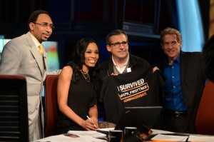 Steve Carell on the set of First Take with Skip Bayless, Cari Champion and Stephen A. Smith (Joe Faraoni / ESPN)