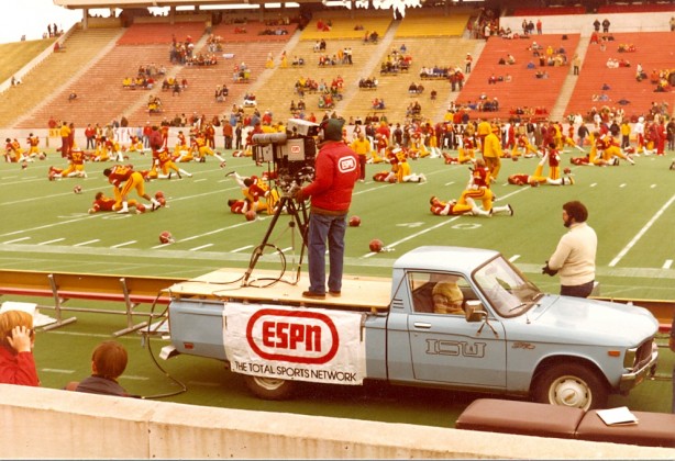 A shot of an ESPN camera — mounted in a pickup truck cargo bed — capturing Iowa State’s football team in the 1980s. (ESPN) 