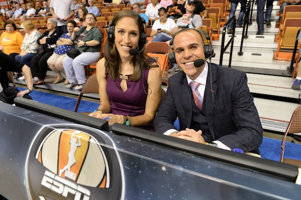 Rebecca Lobo and Ryan Ruocco during the 2013 WNBA All-Star Game. (Allen Kee / ESPN Images)