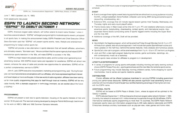 Original press release announcing the launch of ESPN2. (Click to enlarge)