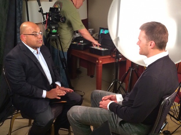 Mike TIrico interviewing New England Patriots quarterback Tom Brady. (Chris Wondolowski / ESPN) 