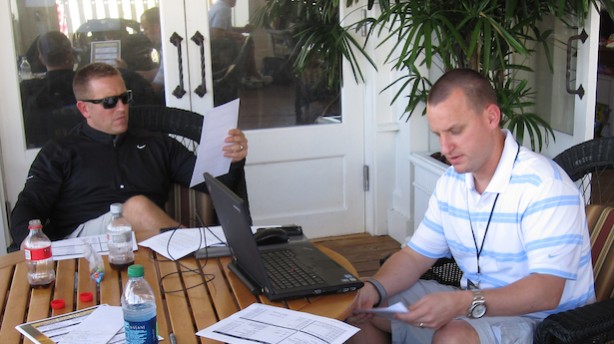 Baron Miller (right) with ESPN college football analyst Kirk Herbstreit in production meeting for College Football Awards (Andy Hall photo)