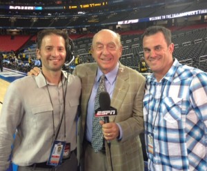 Jonathan Whyley (left) also serves as a news producer on "College GameDay's" basketball shows. He's seen here with analyst Dick Vitale (center) and field producer Shawn Fitzgerald. (Photo courtesy of Jonathan Whyley)