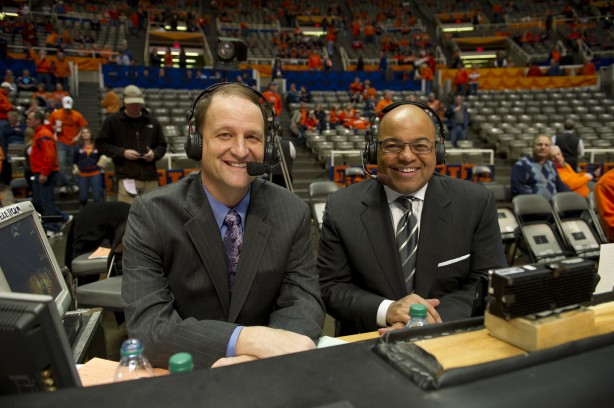 Analyst Dan Dakich (l) and play-by-play commentator Mike Tirico have called many 