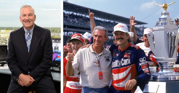 Left: ESPN NASCAR analyst Dale Jarrett (Allen Kee/ESPN Images)  Right: Dale Jarrett with his father, Ned Jarrett, after Dale won the 1996 Brickyard 400 at Indianapolis Motor Speedway. (Brian Bahr/Getty Images)