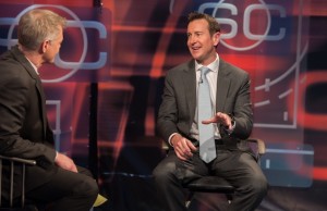 From March 4, 2014: Anchor David Lloyd and NASCAR driver Kurt Busch on the set of "SportsCenter." (Rich Arden / ESPN Images)