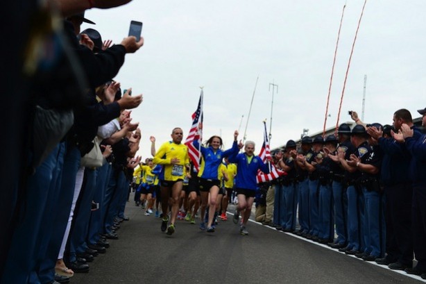 39 Boston Marathon runners race to the finish line prior to the start of the 97th Indianapolis 500 (Phil Ellsworth / ESPN Images)