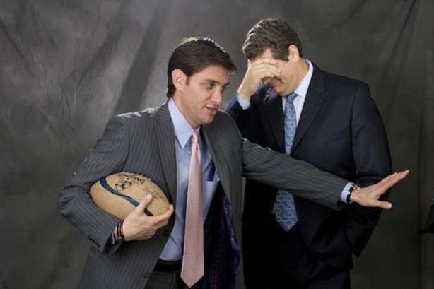 AFL Announcers Mike Golic (R) and Mike Greenberg (L) are shown in this hilarious promotional portrait.