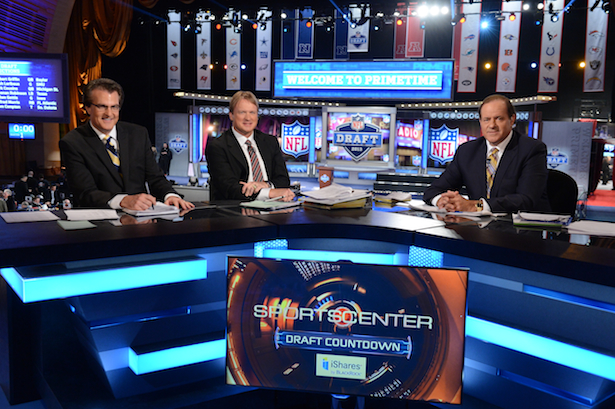 (L-R) ESPN's Mel Kiper Jr, Jon Gruden and Chris Berman during the 2013 NFL Draft (Rich Arden / ESPN Images)