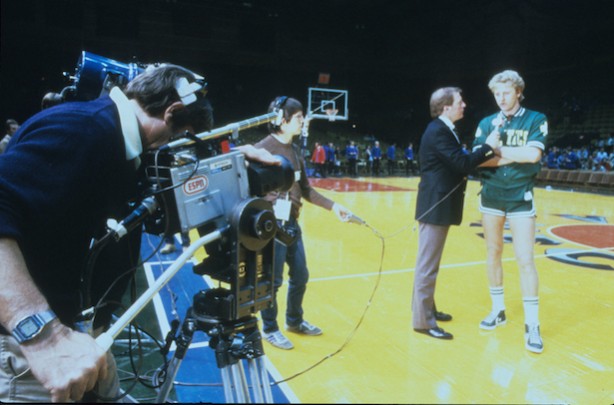 1983:  Roger Twibell interviews Larry Bird of the Boston Celtics.