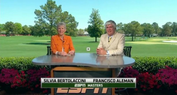 Golf announcer Silvia Bertolaccini (left) works with analyst Paco Aleman on ESPN Deportes' Masters coverage. (ESPN)