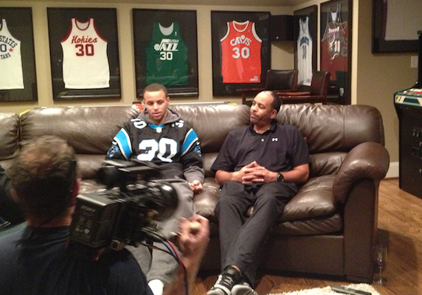 Steph Curry and his father Dell while filming in Charlotte. (Russ Dinallo/ESPN).