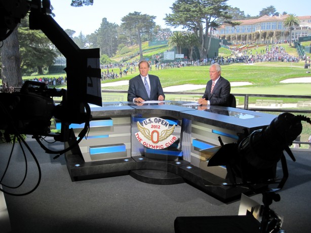 Chris Berman on the ESPN set at the 2012 U.S. Open in San Francisco with analyst Curtis Strange. (Andy Hall/ESPN)  