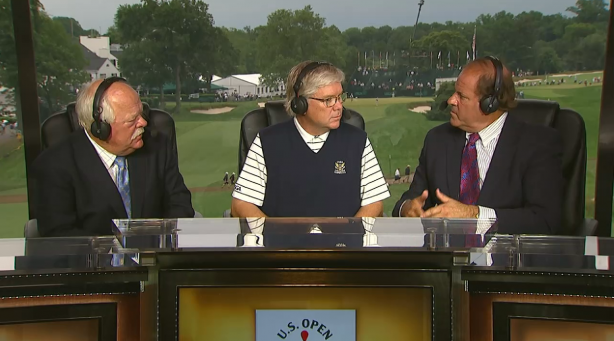 Chris Berman ® on the ESPN set at the 2013 U.S. Open with USGA President Thomas O’Toole (center) and golf analyst Roger Maltbie. (ESPN)