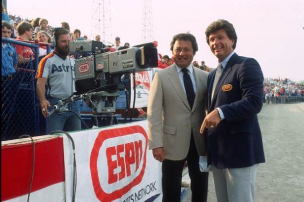 ESPN on air talent members Irv Brown and Jim Price on the field during the 1983 College Baseball World Series. (Photo by Rudy Smith)