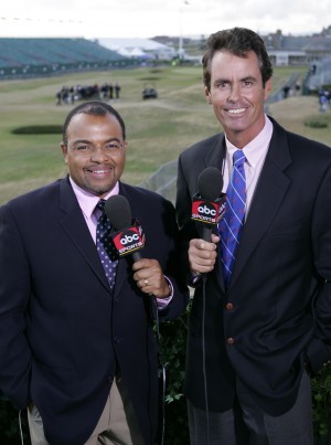 Caption: Host Mike Tirico and analyst Ian Baker-Finch at the 2004 Open Championship (ABC archives)