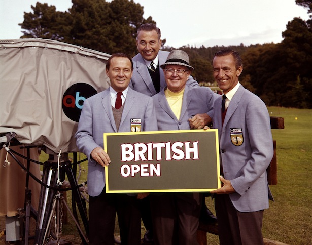 ABC Sports announcers at the 1965 Open Championship – (l-r) Jim McKay, Byron Nelson and Chris Scheknel. Back, Bill Flemming. (ABC archives)