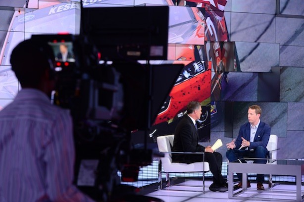 Jay Crawford (l) and NASCAR driver Brad Keselowski on the set of SportsCenter. (Joe Faraoni/ESPN Images)