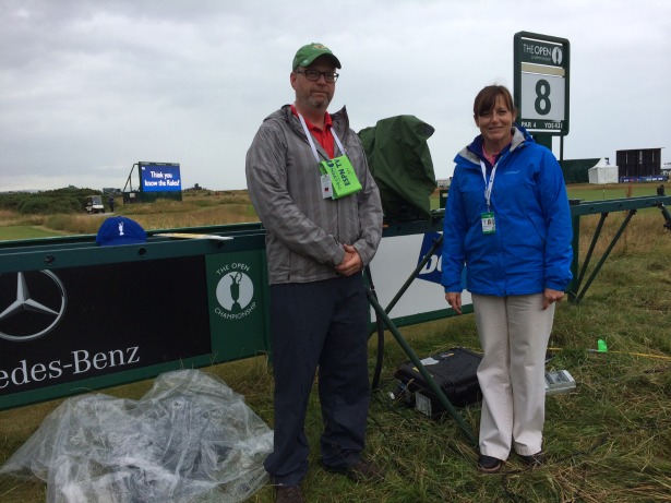 Stephen Berntsen, senior technical specialist in ESPN Emerging Technology (l) and Kim Bloomstone, ESPN associate operations manager, stand in front of the “rail cam” system behind the 8th tee at Royal Liverpool (Andy Hall/ESPN)