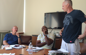 A production meeting with John Clayton, Darren Woodson and Kenny Mayne. (Jim Carr/ESPN)