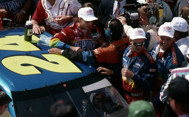 Jeff Gordon is interviewed by ABC pit reporter Jack Arute after winning the inaugural NASCAR Brickyard 400 in 1994. (Photo credit IMS Photo)