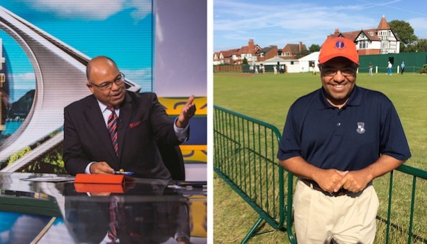 Left: Mike Tirico on ESPN's World Cup set in Rio. (Gabriela Batista/ESPN Images) Right: Mike Tirico at Royal Liverpool. (Andy Hall/ESPN) 