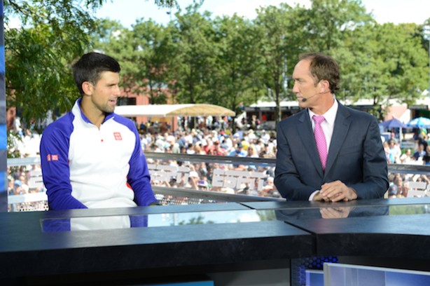 Novak Djokovic (L) and Darren Cahill on set during the 2012 US Open. (Scott Clarke / ESPN Images)