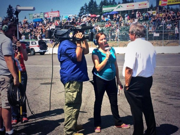 ESPN NHRA pit reporter Jamie Howe interviews race team owner Don Schumacher at the recent NHRA event in Seattle. (photo courtesy of Jamie Howe)
