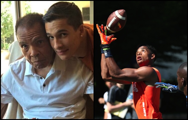 Left panel: Biaggio Ali Walsh is a Bishop Gorman running back whose grandfather is Muhammad Ali; Right panel: Bishop Gorman wide receiver Cordell Broadus' father is rapper  Snoop Dogg. 