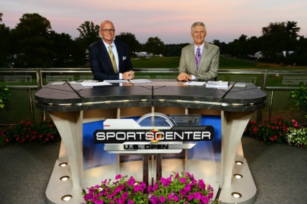 ESPN golf analyst Andy North (right, seen here with SportsCenteranchor Scott Van Pelt) will serve as vice-captain of the U.S. team in the Ryder Cup this weekend. (Photo credit ESPN)