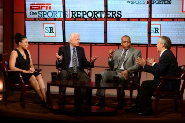 (L to R) Jemele Hill, Bob Ryan, John Saunders and Mike Lupica on the set of The Sports Reporters  ( Joe Faraoni / ESPN Images)