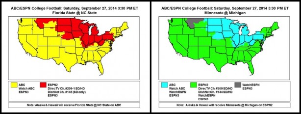 "Reverse mirror" ESPN/ABC college football coverage maps for Sept. 27  games.  (ESPN)