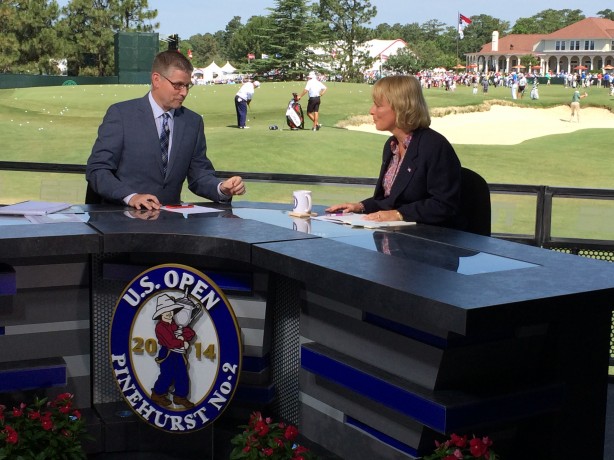 ESPN golf analyst Dottie Pepper (right), seen here with SportsCenter anchor John Anderson at the 2014 U.S. Open, is also an author of children's books. (Andy Hall/ESPN)