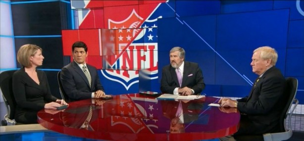 Earlier this season, (L-R) espnW columnist Jane McManus, ESPN NFL analyst Tedy Bruschi, Outside The Lines host Bob Ley and ESPN NFL analyst Bill Polian discussed the NFL's approach to its domestic violence issues. (ESPN)